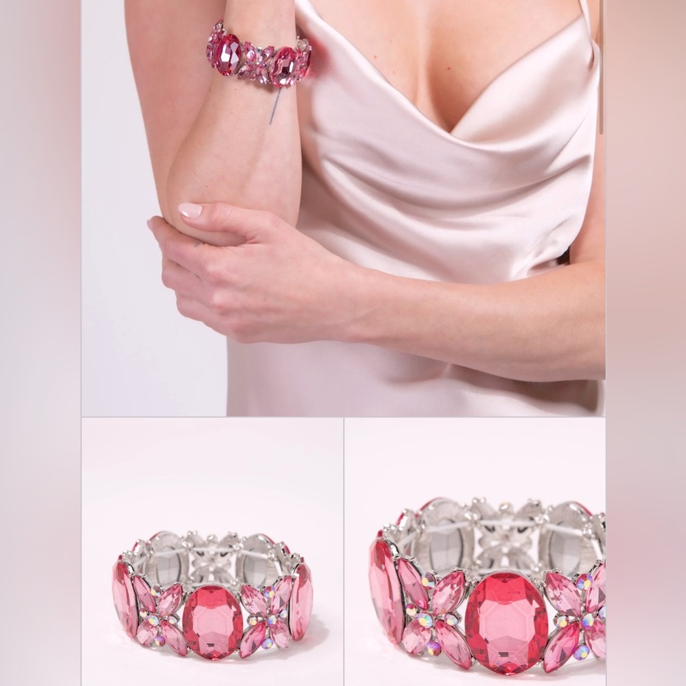Pink Oval Stretch Crystal Bracelet